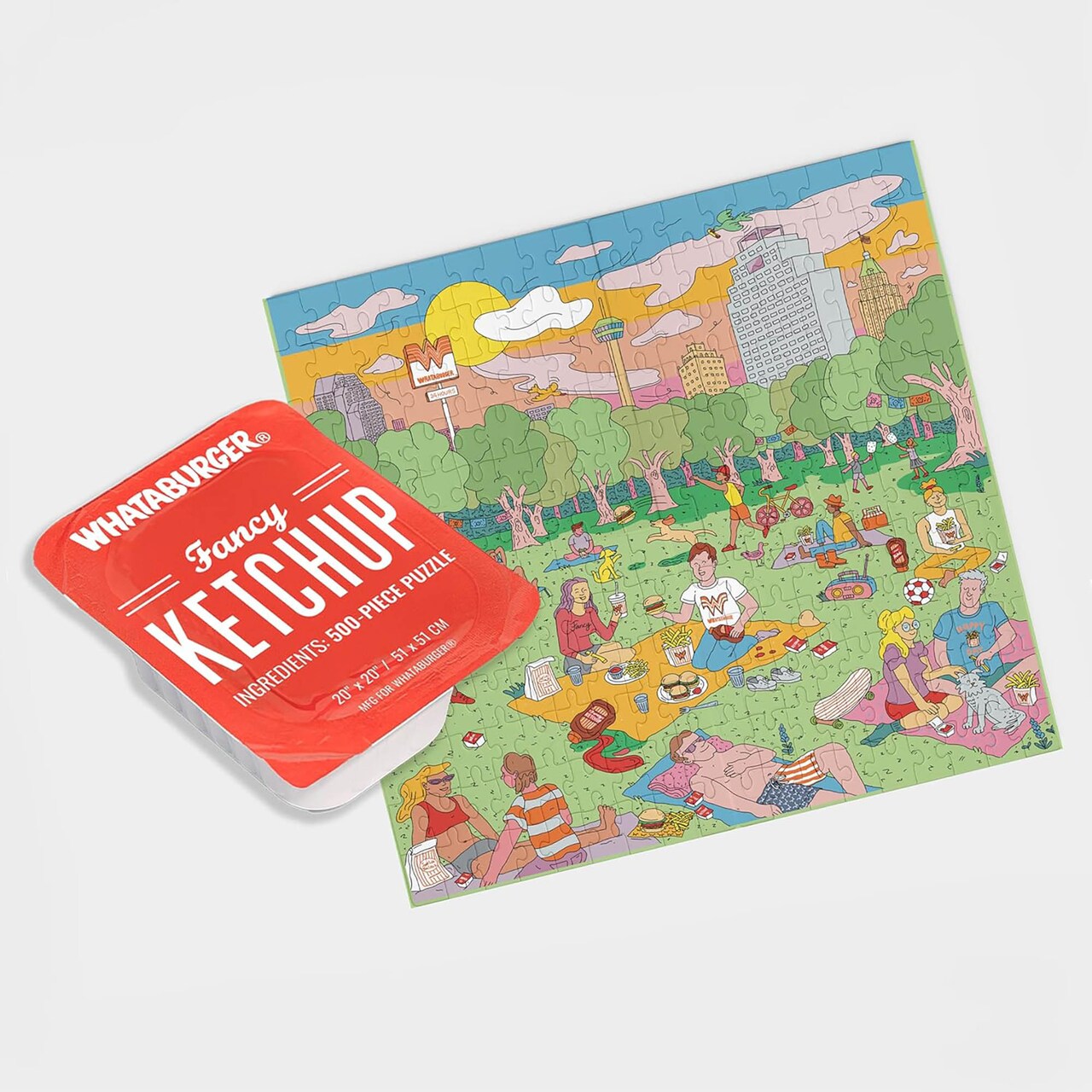 Blue Star Press: Whataburger Fancy Ketchup Puzzle - 500 Pieces - Park Picnic Scene, 20" x 20" High-Quality Jigsaw, Fun Collectible Condiment Packaging